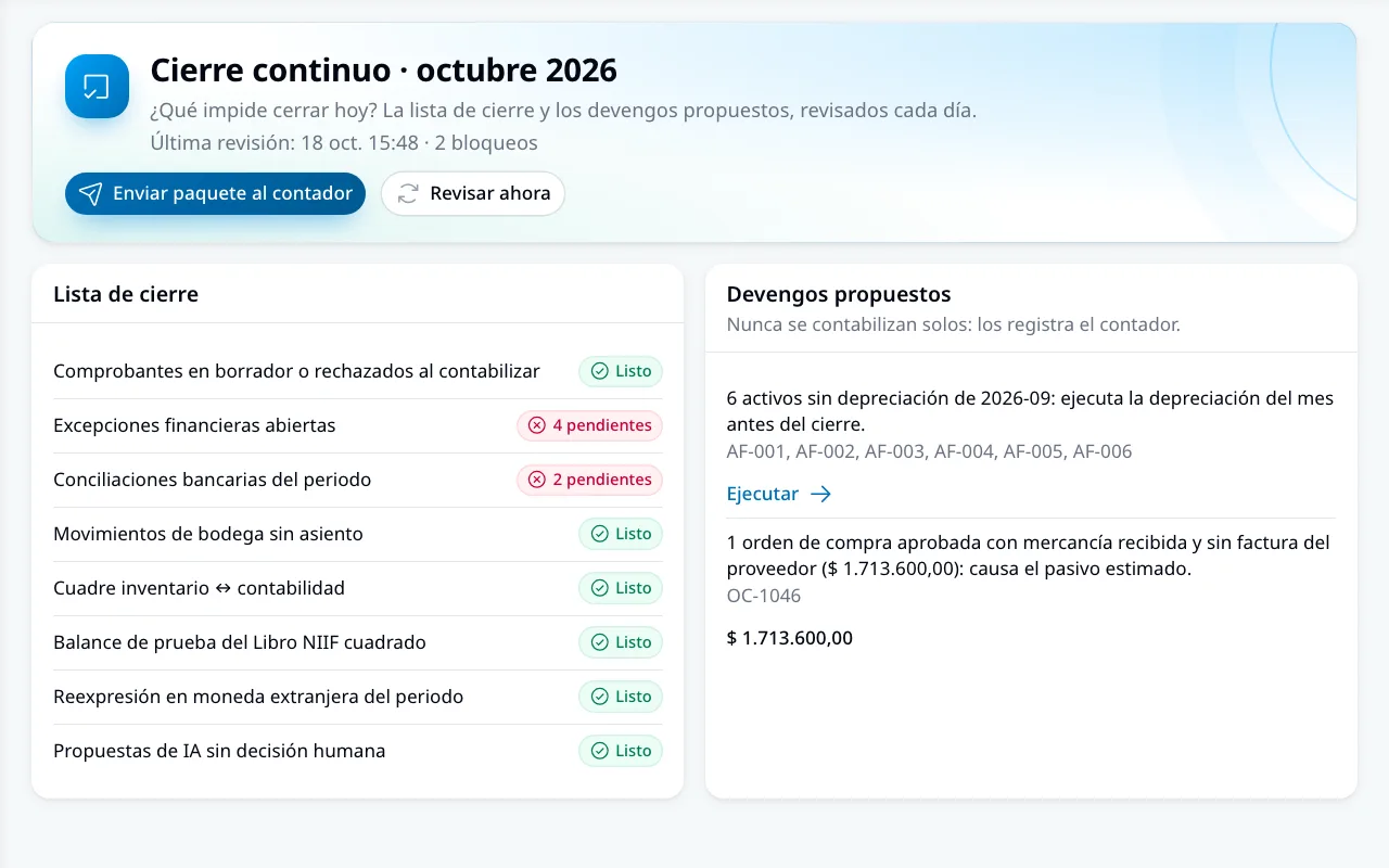Cierre continuo: La lista de cierre revisada cada día y los devengos propuestos esperando a una persona.